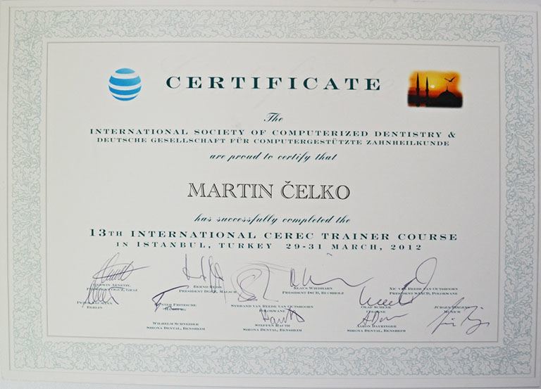 Certifikát mezinárodního CEREC trenéra